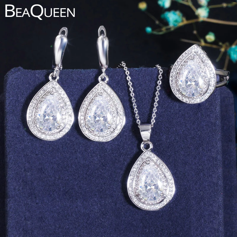 

BeaQueen Shiny 3pcs Jewelry Sets Cubic Zircon White Color Crystal Water Drop Earrings Necklace and Ring for Women Wedding JS051