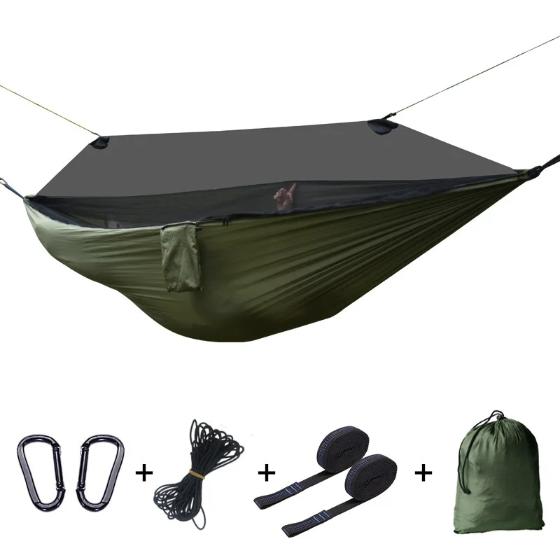 1set Portable Camping Hammock Outdoor Flat Sleep Hammock Tent Suspension Kit with Mosquito Net Rain Fly and Tree Straps Supplies