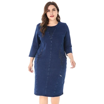 

Casual Plus Size Women's Denim Dress Spring Summer 2020 Fashion Diamond Pockets Patchwork Blue Large Size Pencil Dresses 5XL 4XL