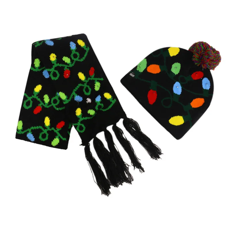 Christmas series scarf hat set winter new wool cap LED lights warm knitted sweater cap scarf for men and women