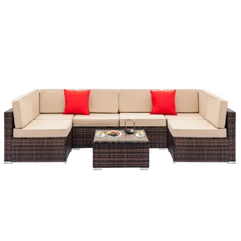 

Fully Equipped Weaving Rattan Sofa Set with 2pcs Corner Sofas &4pcs Single Sofa &1 pcs Coffee Table Brown Gradient Fast shipping