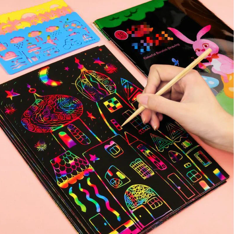 Scratch Off Paper Set Magic Rainbow Color Scratch Art Paper Card Set With Graffiti Stencil Drawing Board Stick DIY Art Painting Educational Toys Gift