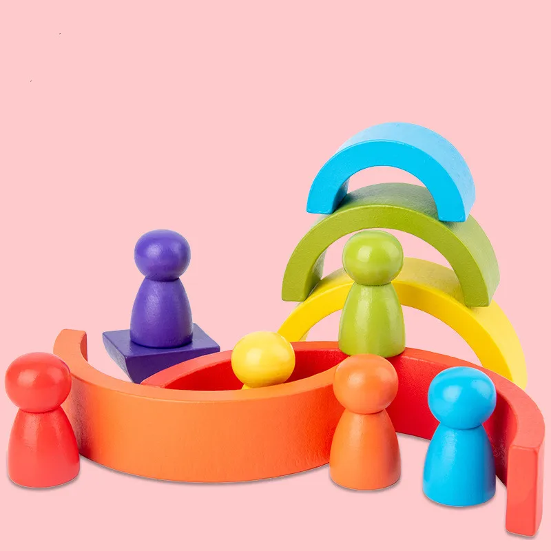 Wooden Building Blocks Montessori Arch Bridge Semicircle Rainbow Villain Set for Baby Education