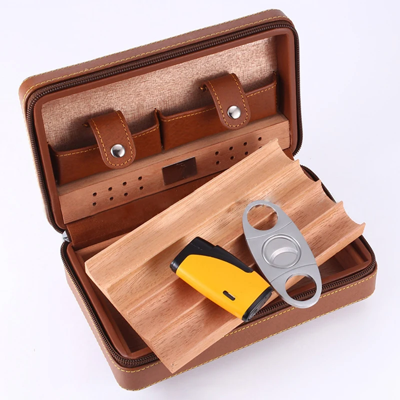 Cigar Case Humidor Portable Cedar Wood Leather Travel Humidor Humidifier Set Gift Box(Without lighter cutter