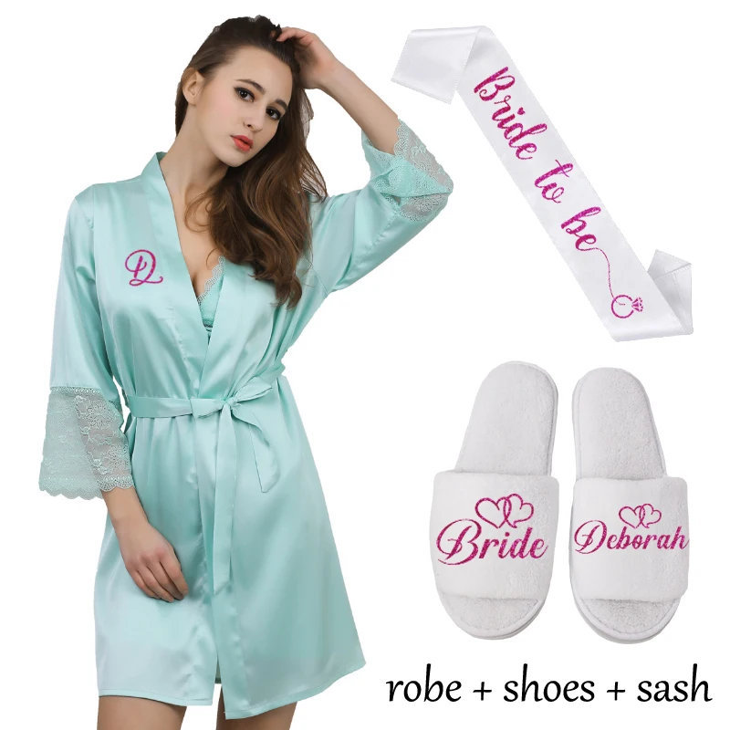 green robe sash shoe Сексуальное Женское ночное белье с кружевными рукавами, пеньюар, свадебное кимоно, шифон, шелк, женские халаты, халаты для невесты, персонализированное имя - Цвет: green robe sash shoe