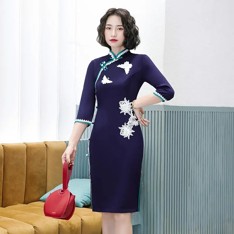 Черное женское мини-платье Cheongsam с цветочным S-3XL, модное короткое платье в китайском стиле, тонкое вечернее платье Qipao, весеннее женское платье - Цвет: Navy Blue