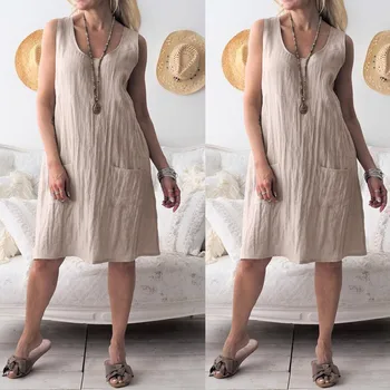 

Women O-neckline Solid Dress Sleeveless Loose Casual Pocket Mini Linen Dress Roupas Feminina Boho Dress#s