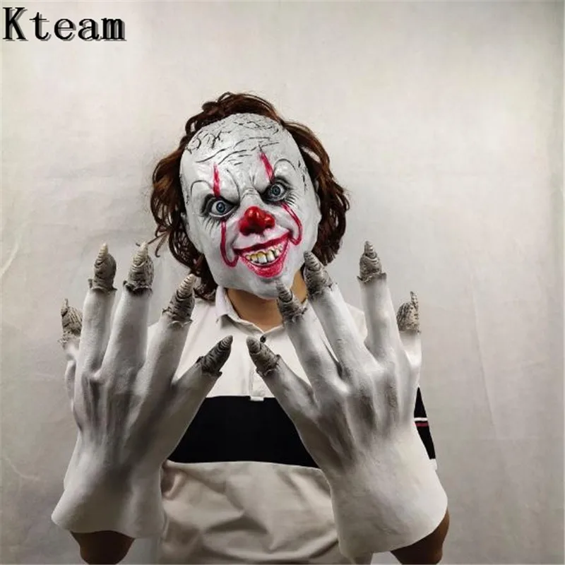 Hot Scary Stephen King's It Mask Pennywise 2 Horror Clown Joker Head with gloves Halloween Cosplay Costume Props | Дом и сад