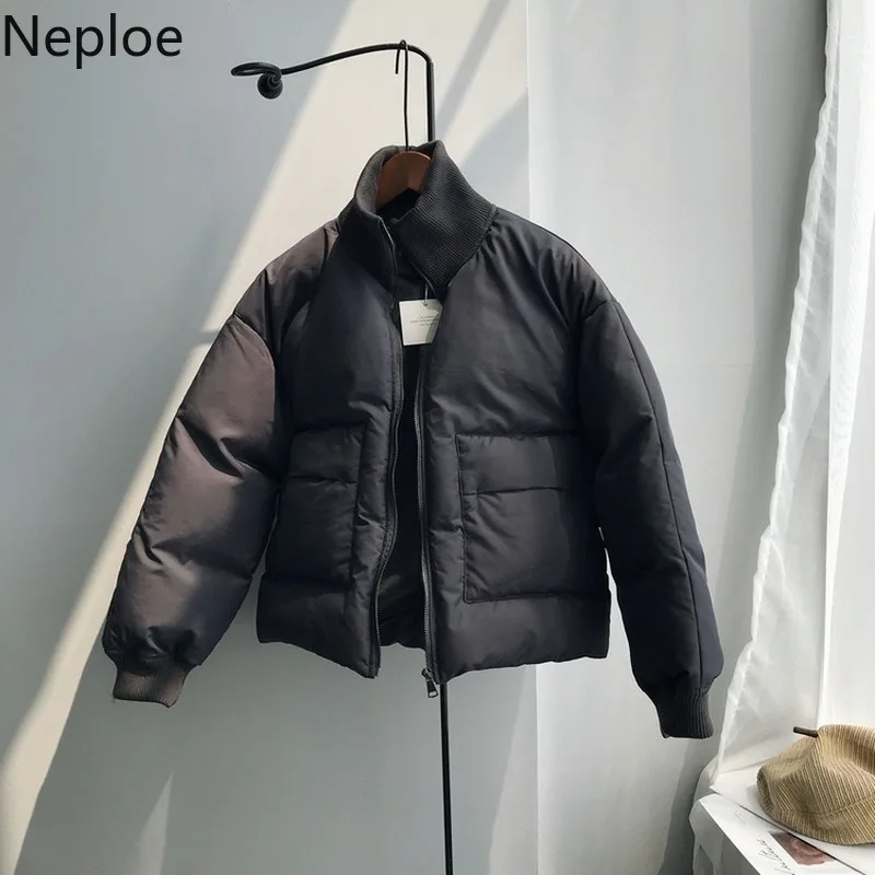Neploe осень зима шикарный стоячий воротник уплотненные парки теплое однотонное хлопковое пальто на молнии верхняя одежда свободная короткая куртка 46823