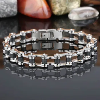 

New Silver Color And Black Tone Bracelet Chain Fitness Stainless Steel Motorcycle Chain Cool Men Boy Bracelet Bangle Friend Gift