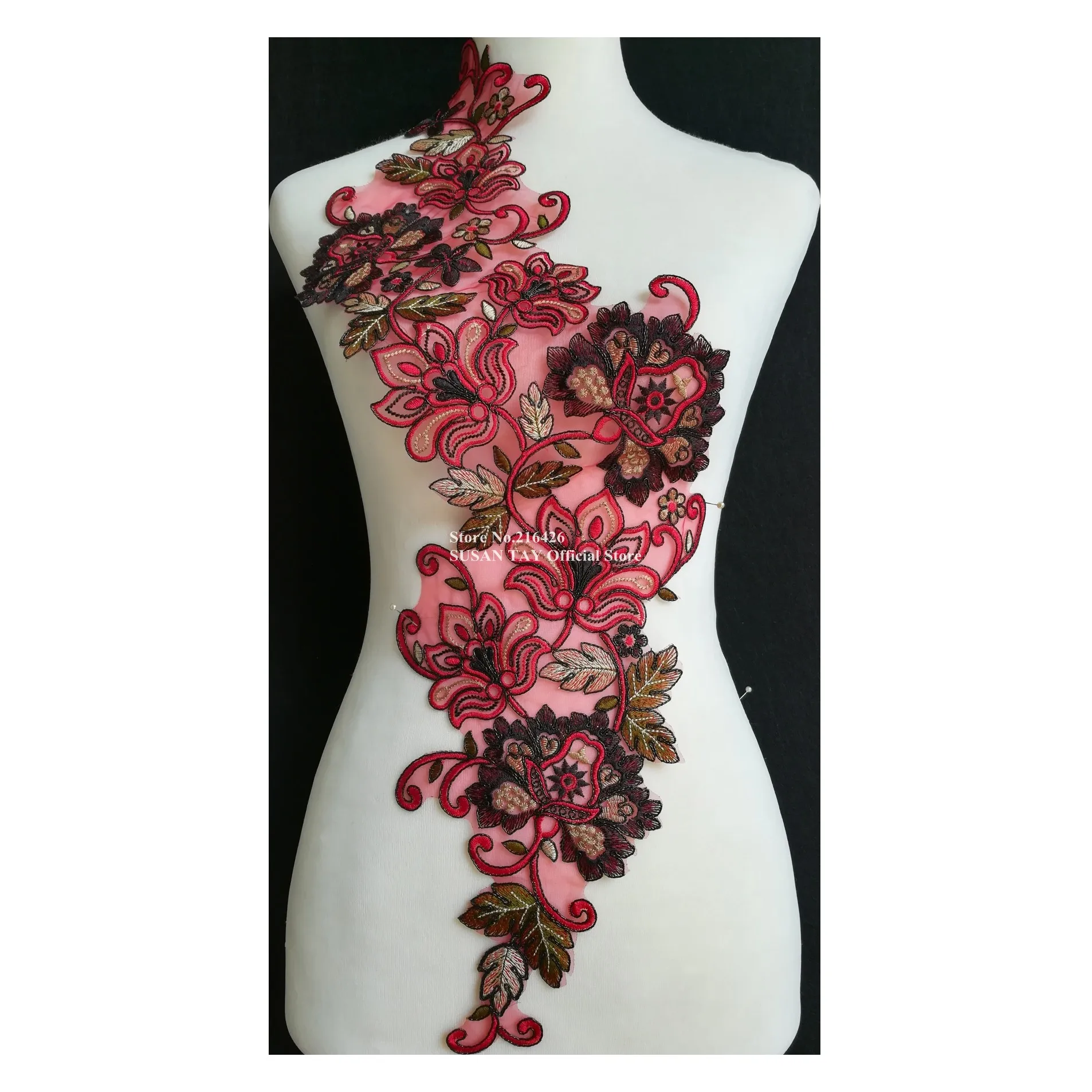 Новинка Цветочная кружевная вышитая аппликация 1 шт. темно бордовый/серебристый