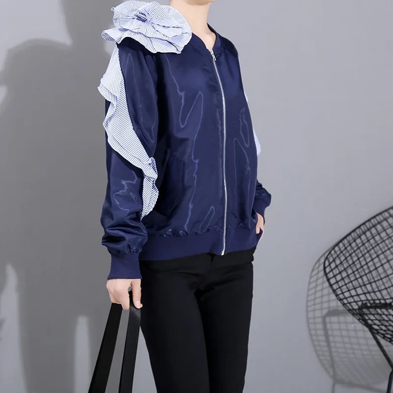 astounding  [EAM] Loose Fit Blue Striped Ruffles Big Size Jacket New Stand Collar Long Sleeve Women Coat Fashio