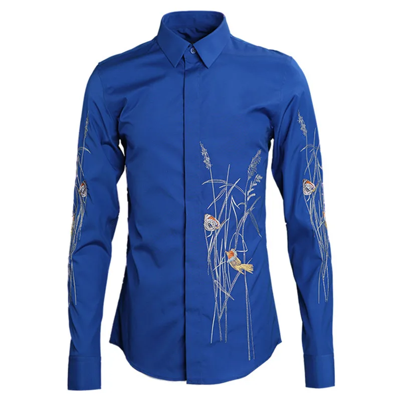 Модная Цветочная вышивка с птицами рубашка мужская рубашка Camisa Hombre 2019 Роскошная брендовая хлопковая рубашка мужская деловая Свадебная