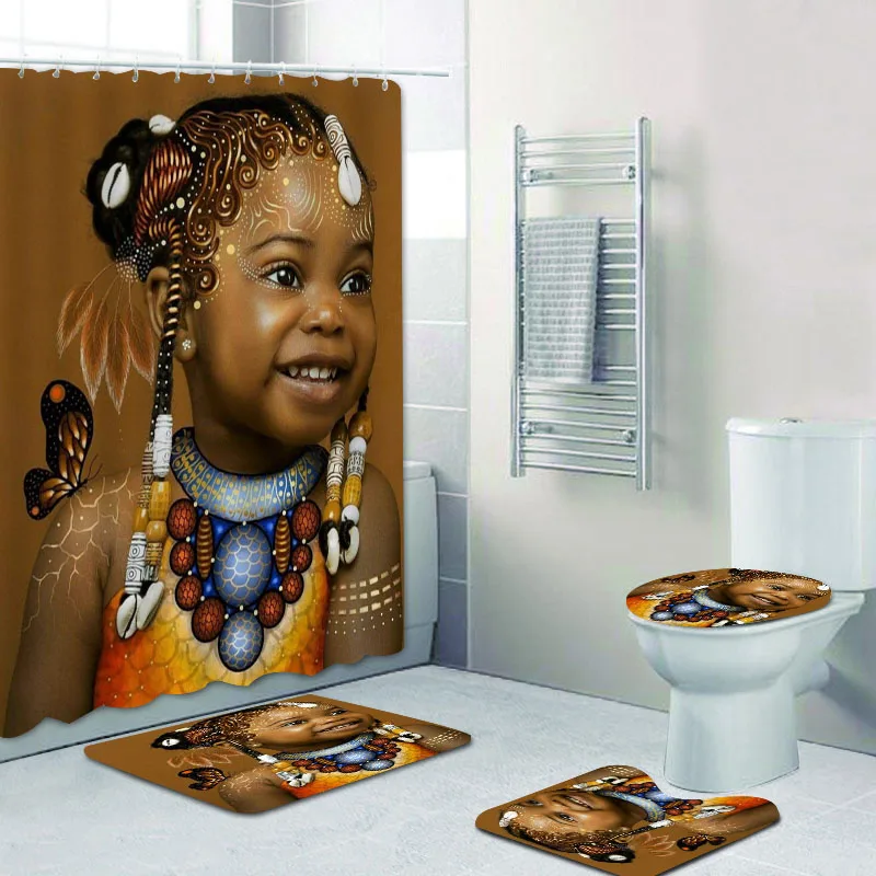 Braided Afro Girls Princess Black African American Shower Curtain Set