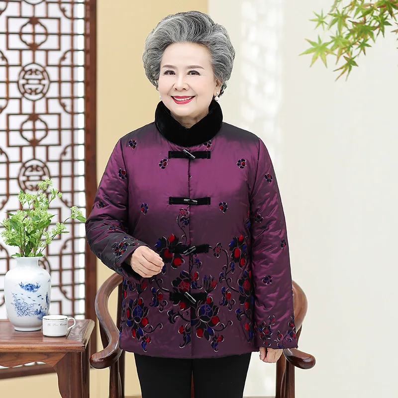 

Middle-aged Women's Winter New Style Bright Gold Flocked 60-80-Year-Old Grandma Printed Stand Collar Elderly People Mom Cotton-p