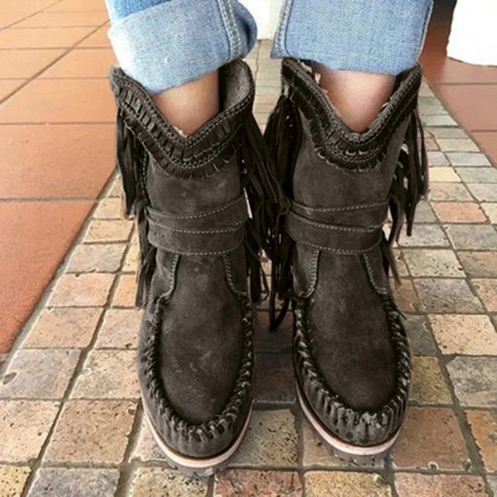 Женские ботинки с бахромой в стиле ретро; botas mujer; повседневные зимние ботинки до середины икры; женская короткая обувь на плоской подошве с круглым носком; zapatos de mujer
