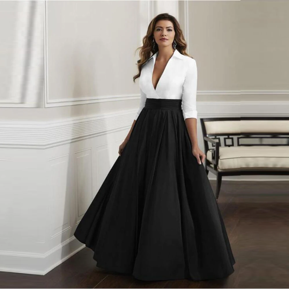 Mother Bride Dresses Women Party Dresses Gorgeous A Line White and Black High Collar Mother of the Bride Dresses Contrast Color V Neckline Wedding Party Gowns