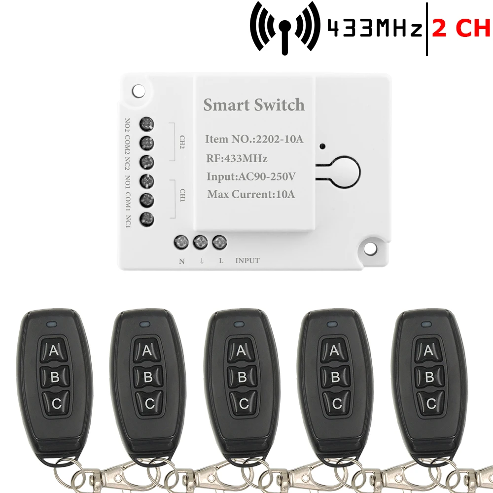 Garage Door Remote Control Switch Wireless AC 110V 220V 2Ch Relay