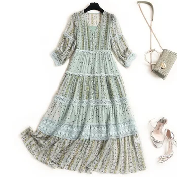 

Women real silk dress summer 2020 lace patchwork mix floral print lantern sleeve button midi elegant vintage chiffon dresses