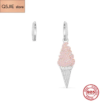 

QSJIE Fashion Charm Sterling Silver Original 1:1 Copy,Silver Pink Ice Cream Asymmetric Earrings Luxury Jewelry Gift For Female