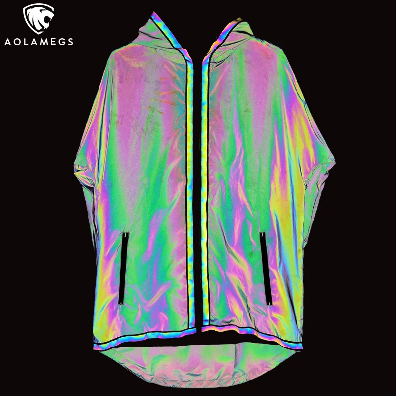

Aolamegs Men's Reflective Trench Coat Long Sleeved Jackets Male Fashion Hip Hop Windbreaker Solid Hooded Night Shiny Streetwear