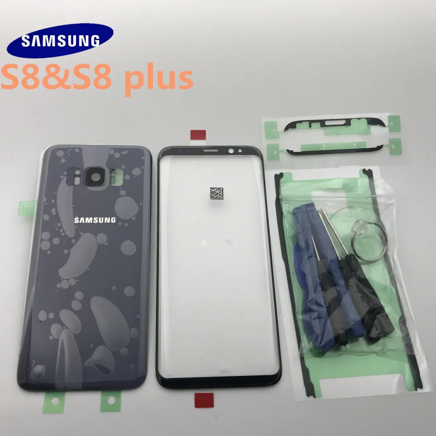 Samsung Galaxy S8 G950 G950F S8+ plus G955 G955F Задняя стеклянная крышка Крышка батарейного отсека дверь с объективом камеры+ передняя стеклянная линза