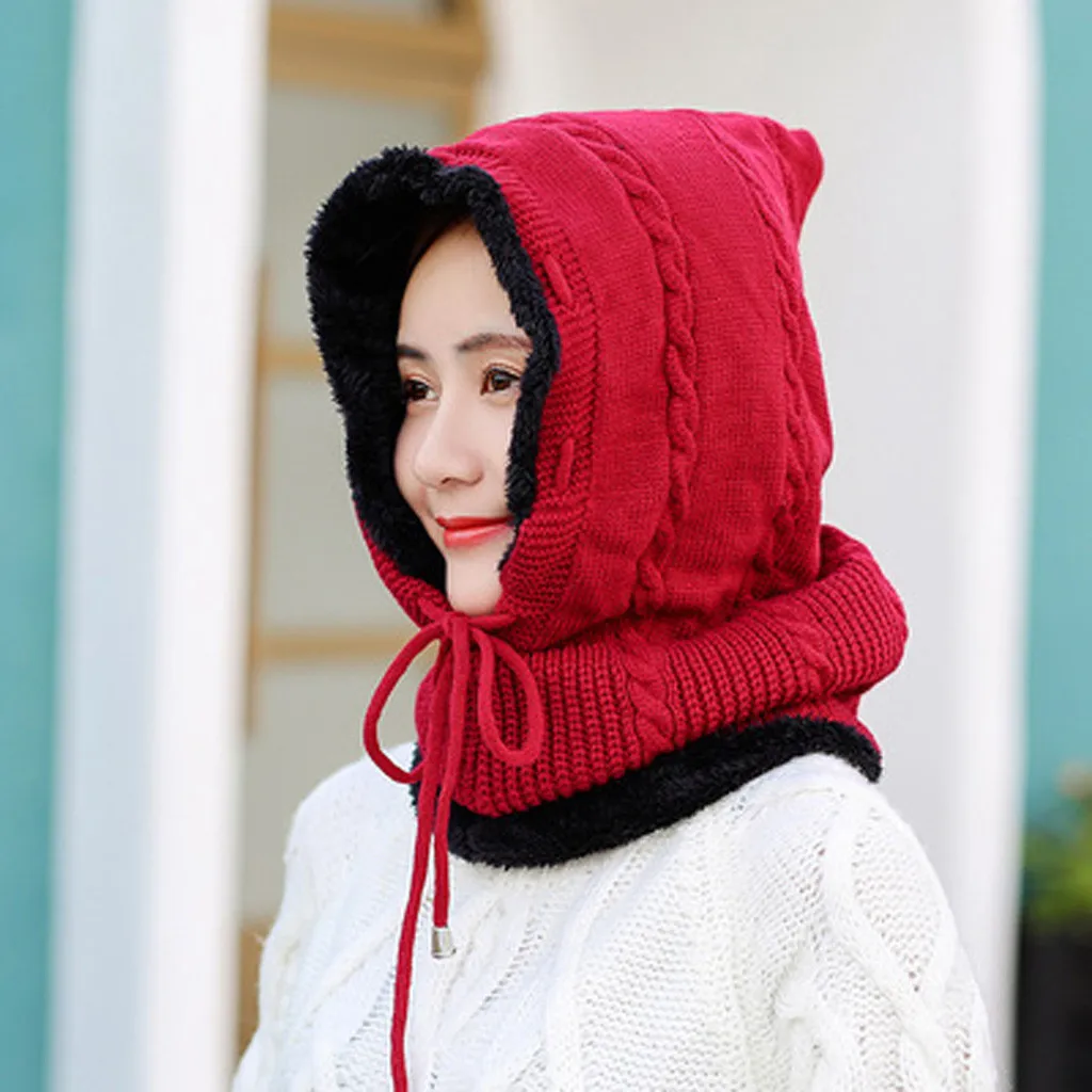 Hot Pink Женская зимняя шапка с воротником, набор толстых теплых однотонных наушников, шапка, модные женские шерстяные наушники, толстые теплые шапочки, шапки для велоспорта - Цвет: Hot Pink