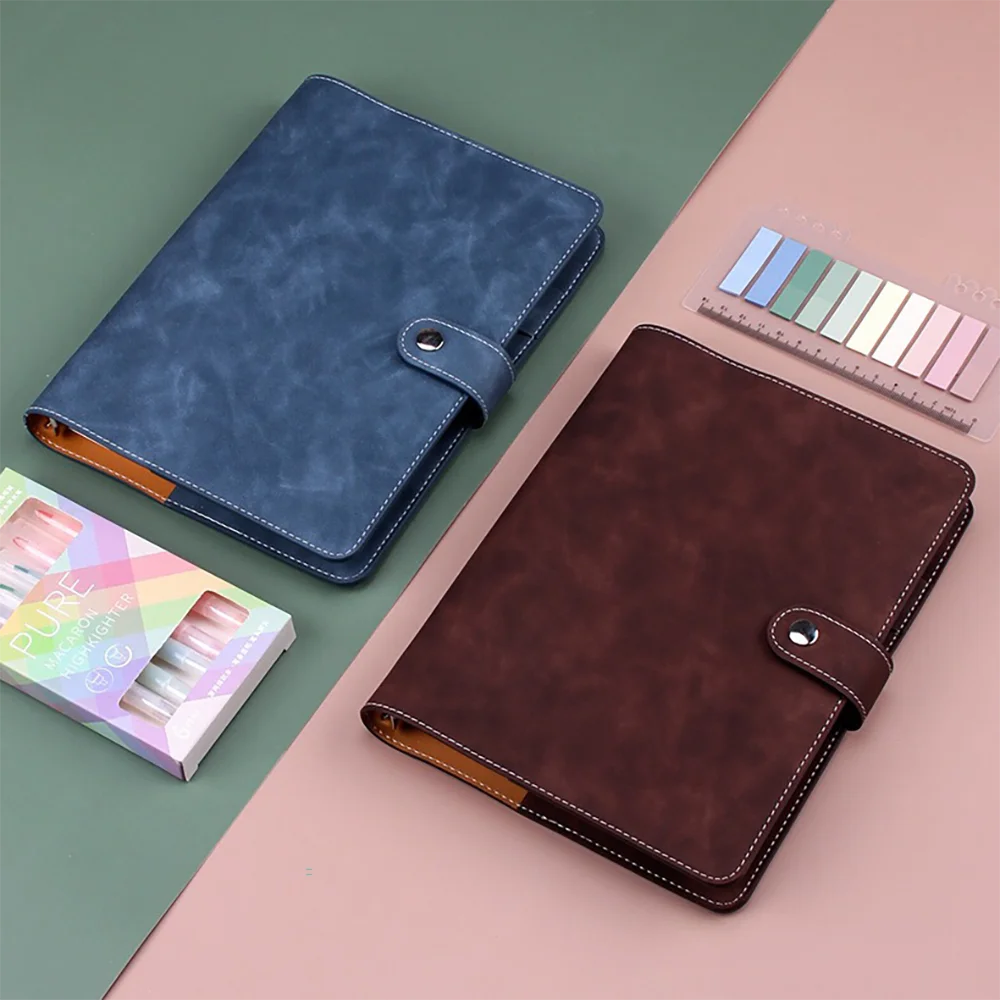 A6 Color Leather Button Notebook Line Loose-leaf 6 Holes Binder Index Separator Pages Notepad Office Organizer Bag Journals