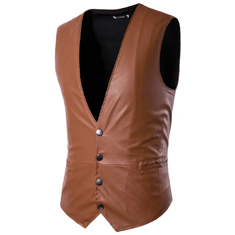 Light brown Мужская модная куртка из искусственной кожи, жилет, мужской приталенный формальный повседневный кожаный жилет, костюм, смокинг, жилет - Цвет: Light brown