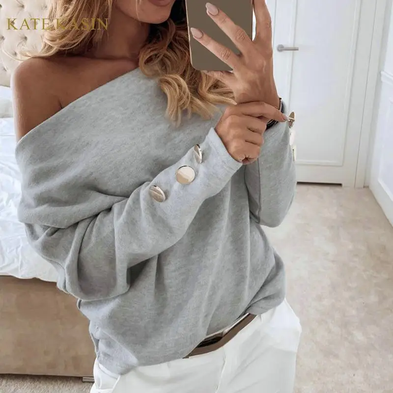 Kate Kasin Модные женские сексуальные топы с открытыми плечами однотонный свитшот