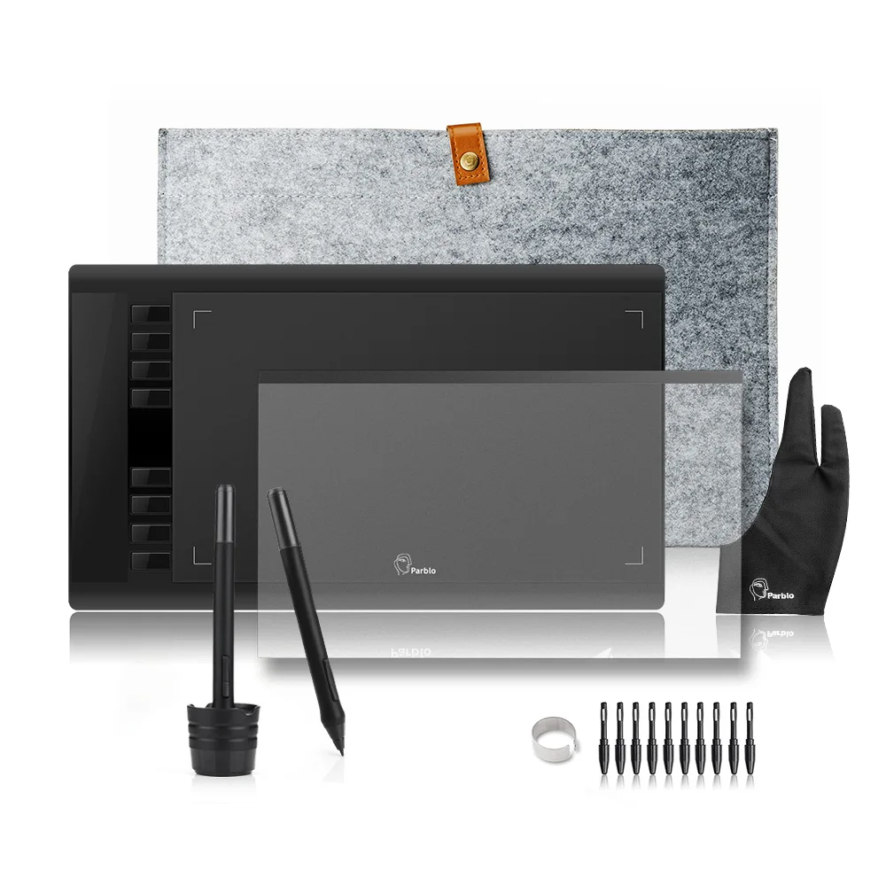Parblo A610 2 ручки Parblo A610 Графический Цифровой Планшет с шерстяной подкладкой сумка+ Защитная пленка+ перчатки для пальцев+ 10 наконечников для ручек - Цвет: Parblo A610