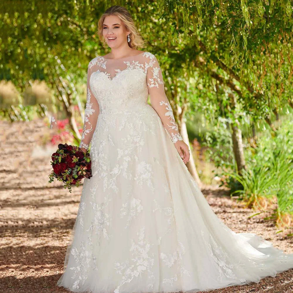 

Long Sleeve Plus Size Boho Princess Wedding Dress High quality Sheer O Neck Train White/Ivory Bride Dress vestido de noiva 2019