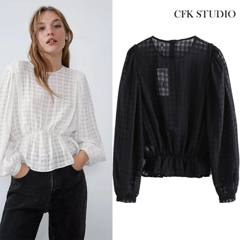 

Za Women See-through Blouse with O-neck Elastic Waist Long Sleeve Chiffon Shirt Femme Casual Loose Elegant Blosue Black Top