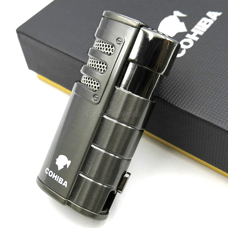 COHIBA модные аксессуары для курения, металлическая ветрозащитная Зажигалка для сигар, 3 фонарь, многоразовая зажигалка с перфорацией, подарочная коробка