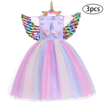 Rainbow Unicorn Dress For Girls Easter Elsa Costume Princess Dress 3Pcs Kids Baby Girls Clothes
