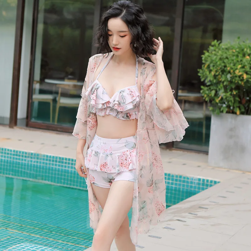 

2019 New Style Large Size Swimwear Women's Flounced Halter Bikini Three-piece Set Chiffon Blouse Boxer WOMEN'S Swimsuit