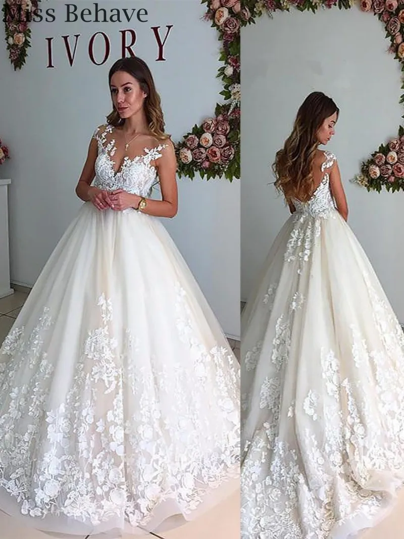 

DD JYOY Ball Gown Wedding Dress Plus Size Sexy Open Back Dress with Train Sheer Neck Wedding Gown Bridal Plus Size
