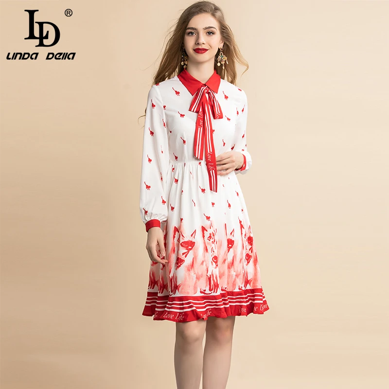 

LD LINDA DELLA 2019 Autumn Fashion Runway Casual Dress Women's Long Sleeve Bow Collar Printed A Line Midi Elegant Dress