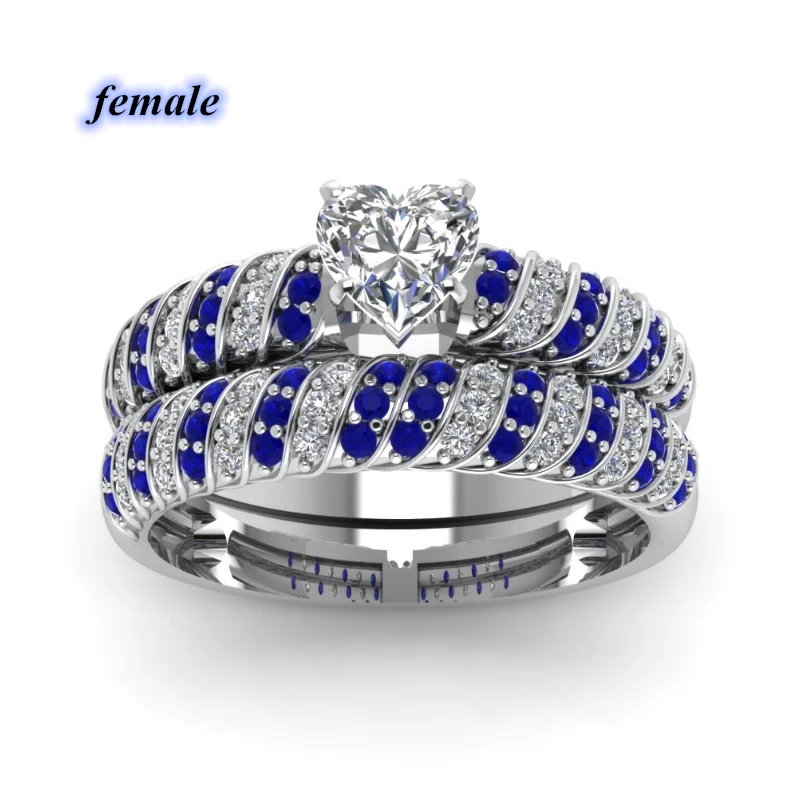 Fashion Jewelry Couple Ring Stainless Steel Men Ring Blue/White Heart Zircon Women Rings Set for wedding rings,womens ring,couple rings,cubic zircon ring,finger rings,jewelry rings,ring jewelry