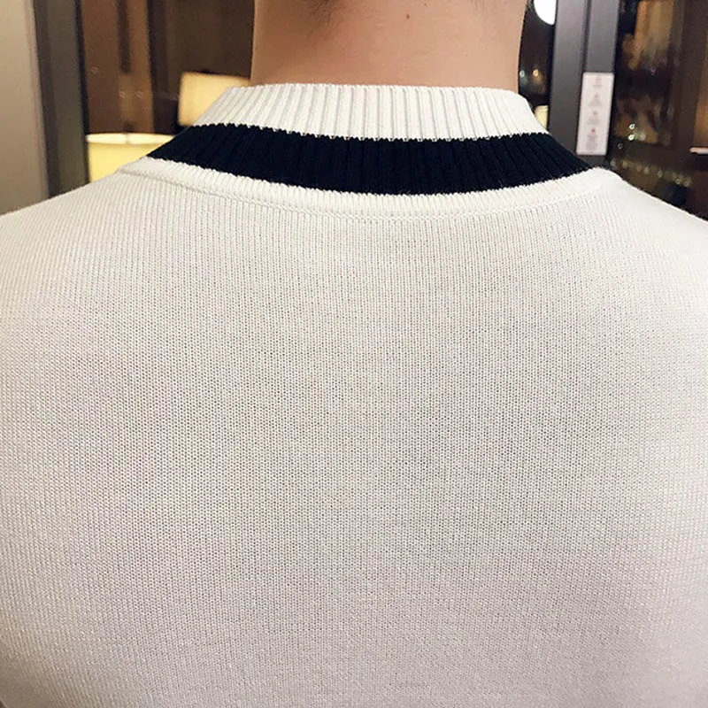 Осенний мужской свитер pull homme Модный повседневный теплый однотонный облегающий мужской вязаный пуловер с круглым вырезом белого и черного цвета
