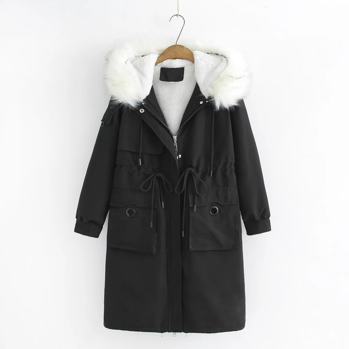 Autumn New Style Large Size Dress Parka down Feather Cotton Tape Fur Collar Waist Hugging Loose-Fit Cotton-padded Clothes