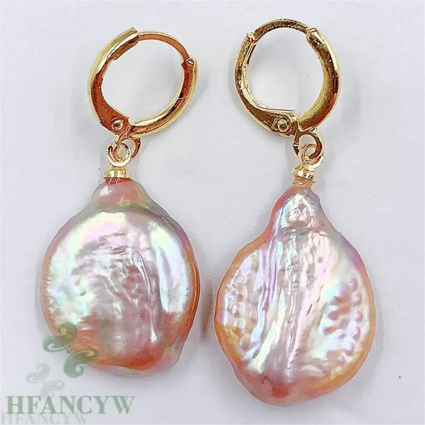 

20x16mm Pink Baroque Pearl Earring 18k Circle Ear Stud Mesmerizing Dangle Real Aurora Wedding Jewelry Women Earbob Accessories