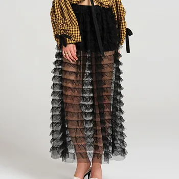 

Women Casual High Elastic Waist Transparent Mesh Hollow Maxi Long Pleated Skirt