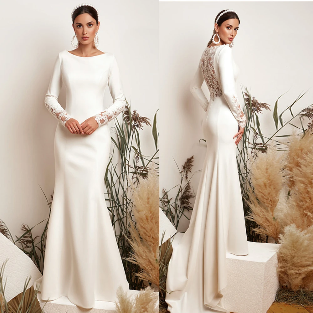 Modest Saudi Arabic Jersey Wedding Dresses Scoop Long Sleeves Back Appliques Sweep Train Mermaid платье женское Bridal Gowns wedding dresses