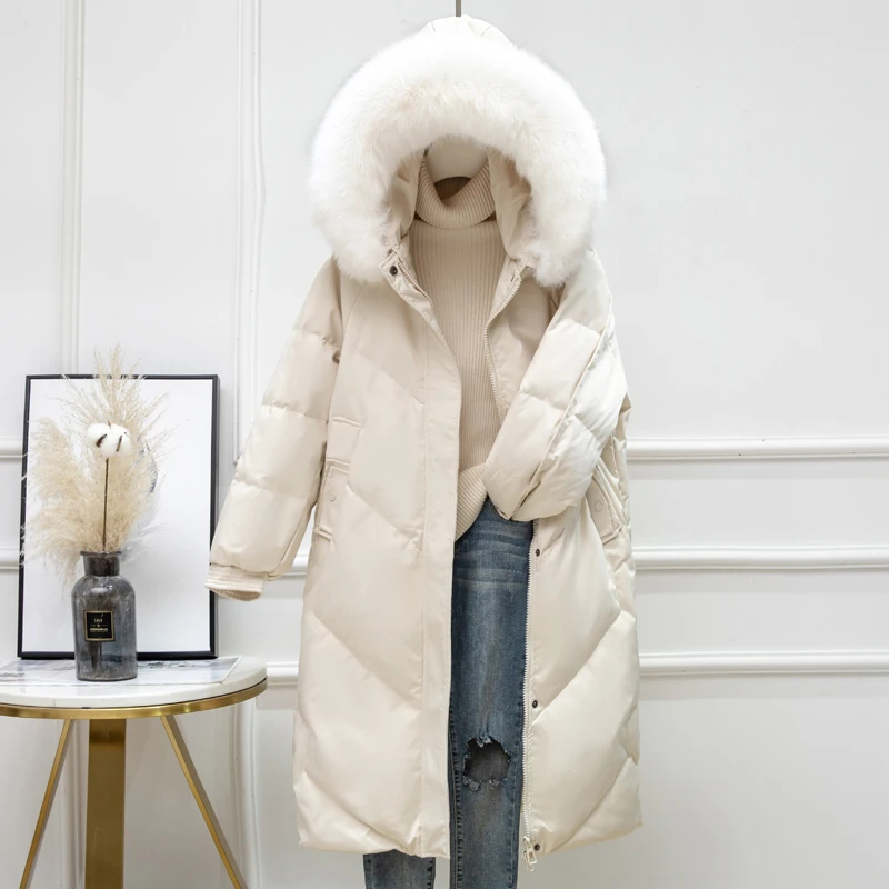 

LY VAREY LIN New Winter Long Jacket Women Large Fox Real Fur Collar Hooded 90% White Duck Down Coat Casual Loose Warm Outwear