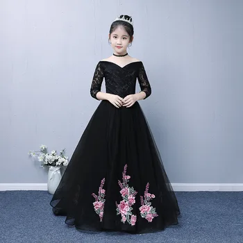 

CHILDREN'S Wedding Dress Evening Dress Girls Tailing Princess Dress Puffy Yarn Black And White with Pattern Model Catwalks Piano