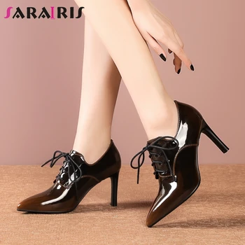 

SARAIRIS New Fashion Elegant Female Lace Up Pointed Toe High Heels Mixed Color Pumps Spring Office Pumps Women Shoes Woman