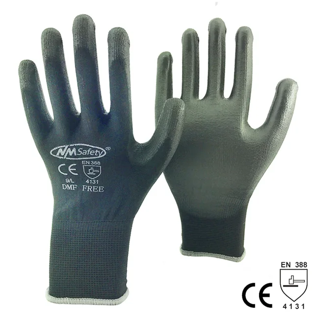 24 Pieces/12 Pairs PU Palm Coated Knitted Nylon Cotton Safety Glove CE Certificated Mechanic Protective Working Gloves PU1350DMF -BLK
