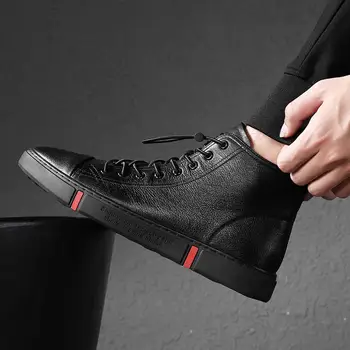 

Casual Quality Genuine Men Elastic Band Autumn Black High Top Sneakers Fashion Flats Winter Leather Shoes Male