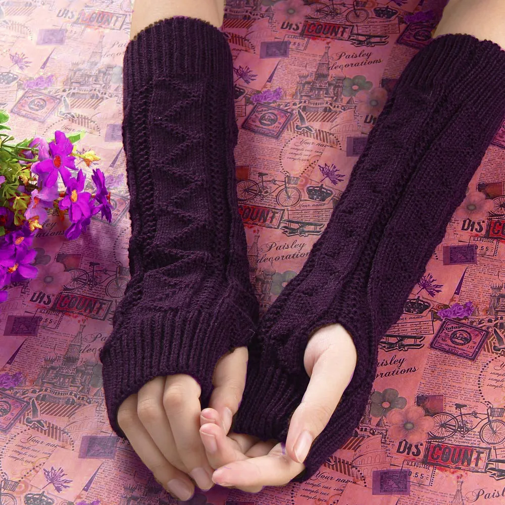 Purple Вязаные женские зимние длинные перчатки, теплые перчатки на запястье, вязаные варежки с клавиатурой, длинные перчатки без пальцев, варежки guantes invierno - Цвет: Purple